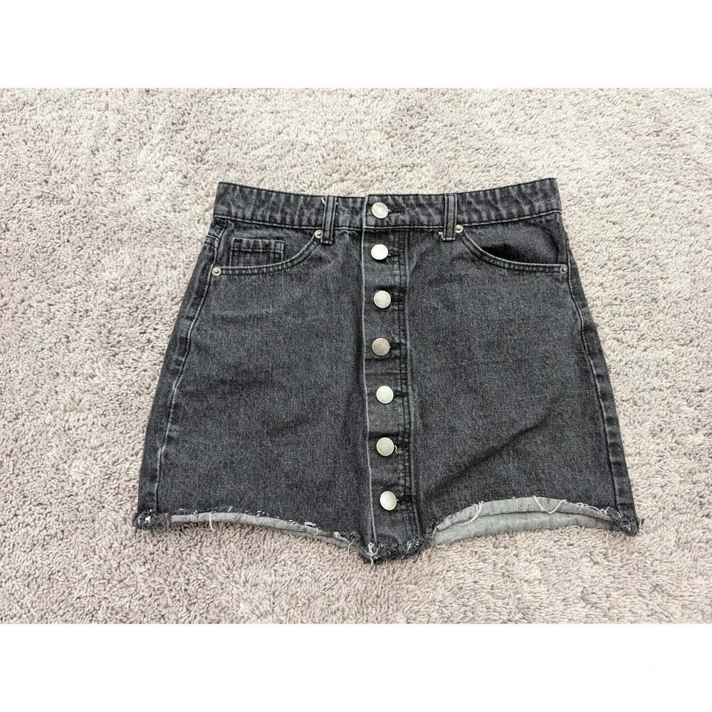 Mud Pie Denim Skirt Womens Small Button Front Black Raw‎ Hem Denim